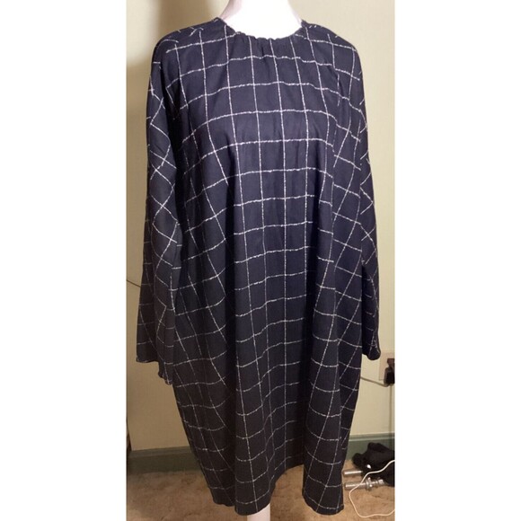 HACHE Blue & White Windowpane Size 46 Wool Blend Boxy Shift Dress Made In Italy - Picture 1 of 14
